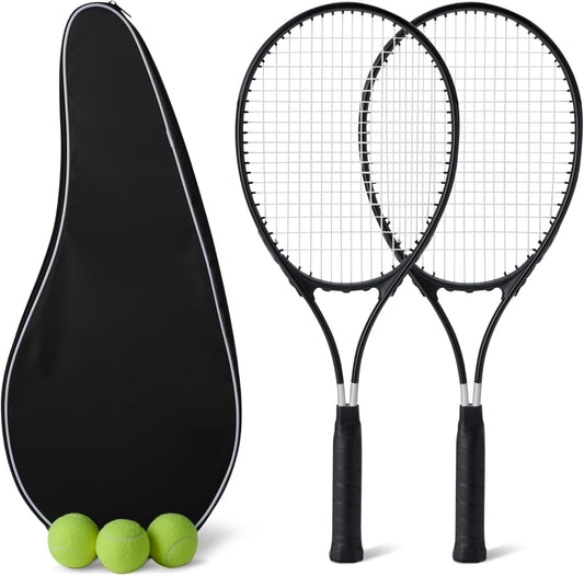 Amazon Basics Lightweight Durable Tennis Racket Set with Comfortable Grip, 27-inch Adult, Set of 2 with 3 Balls and 2 Overgrips