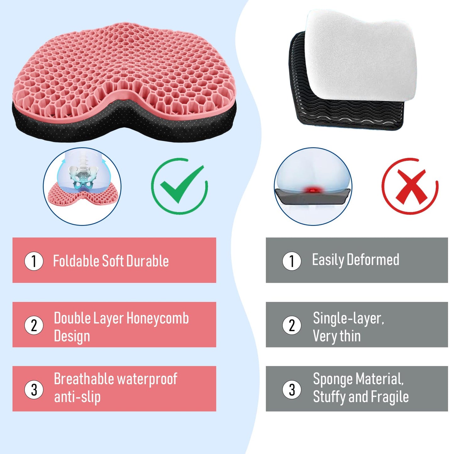 Kayak Seat Cushion, Thicken Anti Slip Waterproof Gel Kayak Seat, Portable Canoe Rowing Rubber Dinghy Pad for Stadium Sit in Kayak Inflatable Fishing Kayak Canoe Kayak Accessories