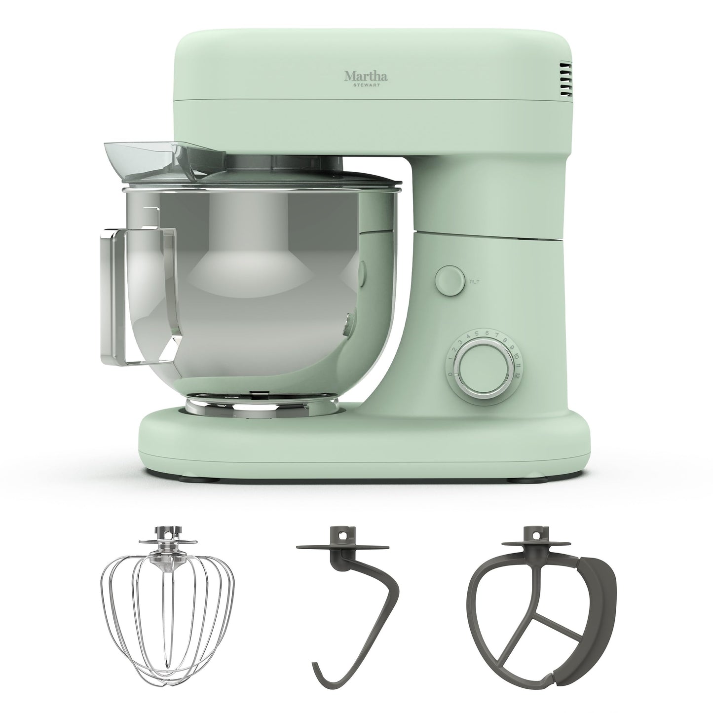 Martha Stewart Stand Mixer, 12 Speed, Tilt-Head, 5.3QT Stainless Steel Bowl, Splash Guard with Pour Chute, Whisk, Dough Hook, Flat Beater, Electric Kitchen Baking Mixer, Bread, Cake, Whip, Caviar Gray