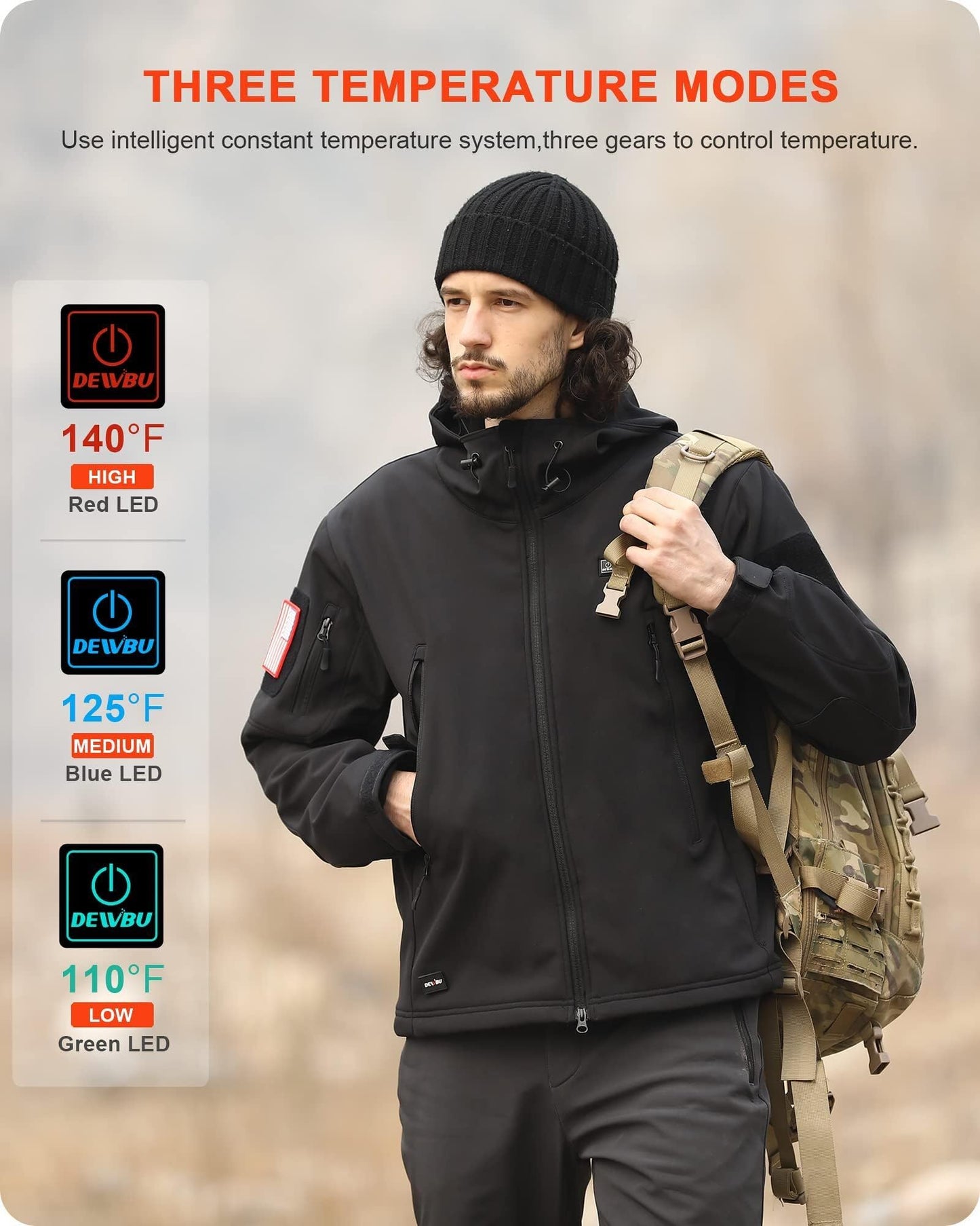 DEWBU Heated Jacket for Men with 12V Battery Pack Winter Outdoor Soft Shell Electric Heating Coat