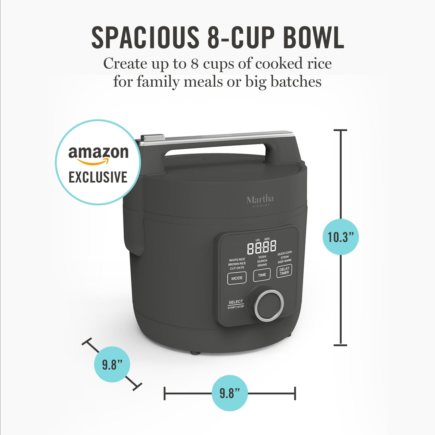 Martha Stewart Rice Cooker, 4 Cup (Uncooked) / 8 Cup (Cooked), Ceramic Non-Stick Removable Pot, Keep Warm, Measure Markings, Steam Basket, Brown & Sushi Rice, Quick Cook, Quinoa, Grains, Oats, Caviar Gray