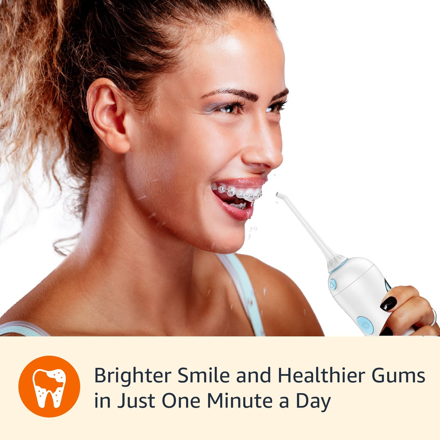 Amazon Basics HydroClean Portable Cordless Water Flosser for Teeth and Gums, 2 Pressure Tips, Removable Tank, 30 Seconds Water Capacity, 2 AA Batteries Included
