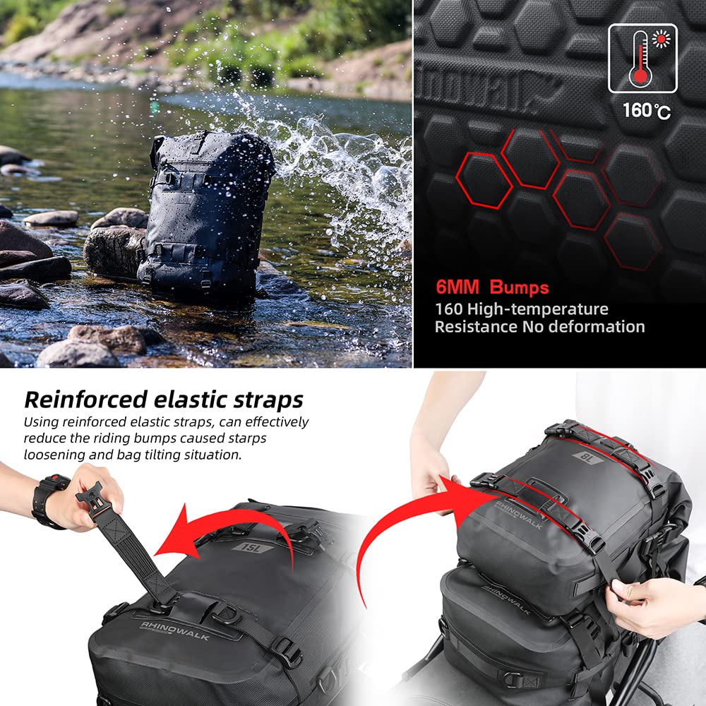 Rhinowalk Motorcycle Tail Bag Motorbike Side Bag 8L Full Waterproof Motor Saddle Pannier Bag Rear Rack Trunk Professional Motor Accessories-Black