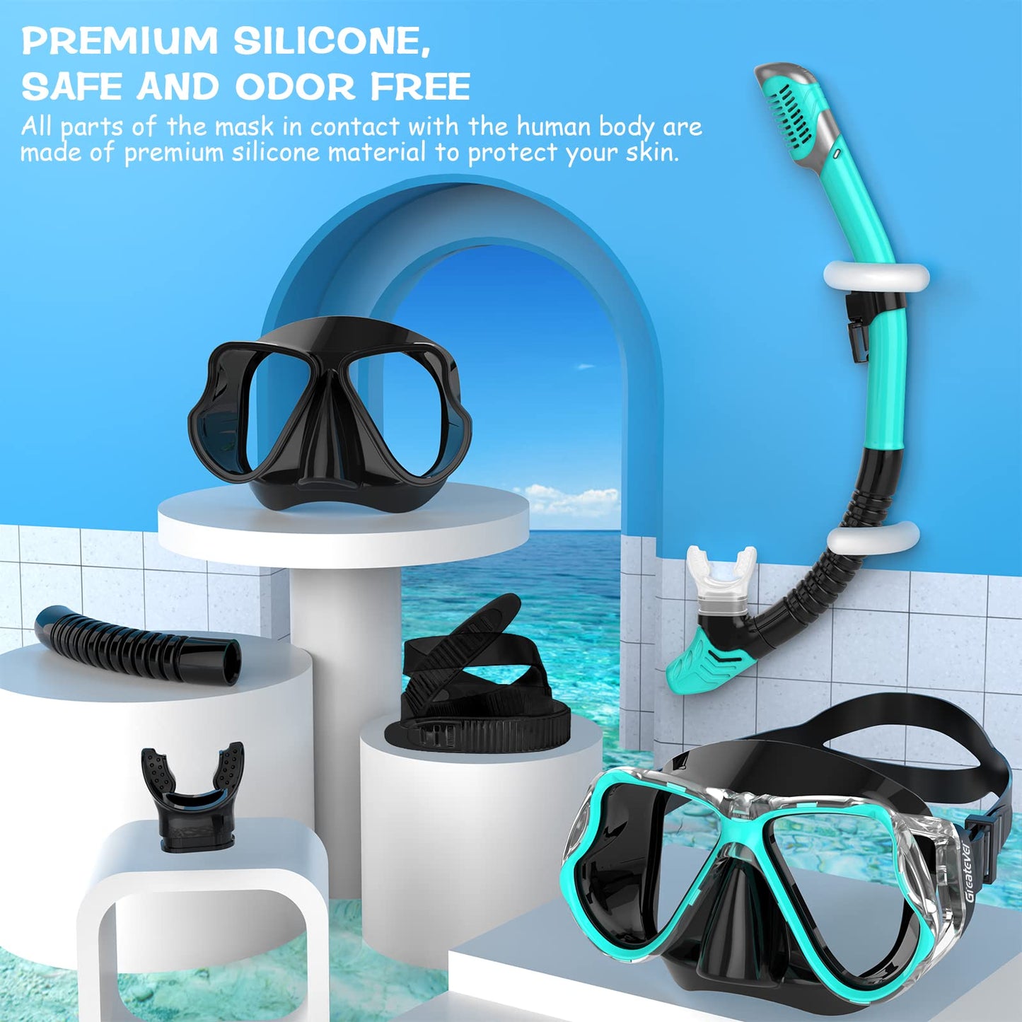 Greatever Dry Snorkel Set,Panoramic Wide View,Anti-Fog Scuba Diving Mask,Professional Snorkeling Gear for Adults