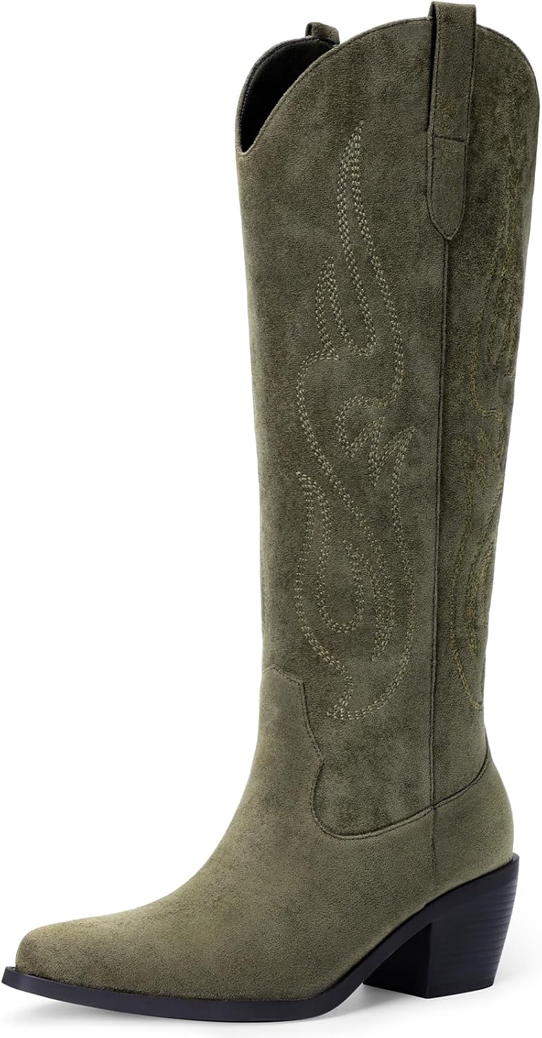 Pasuot Western Cowboy Boots for Women - Knee High Wide Calf Cowgirl Boots with Classic Embroidered, Slip On Pointed Toe Chunky Heel Fashion Retro Classic Pull On Tall Boot for Girls Ladies Fall Winter