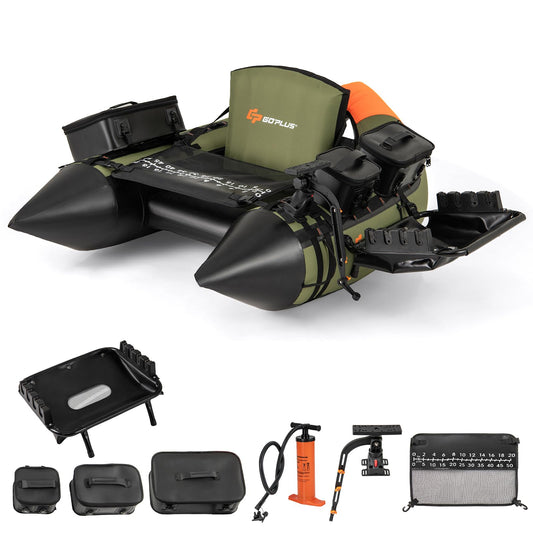 Goplus Inflatable Float Tube, Fishing Belly Boat w/Paddle, Flippers, Fish Ruler, Pump, Storage Bag, Adjustable Straps, 350LBS Load Capacity (Upgrade Green, W/Fish Finder Holder, Rod Rack Basket)