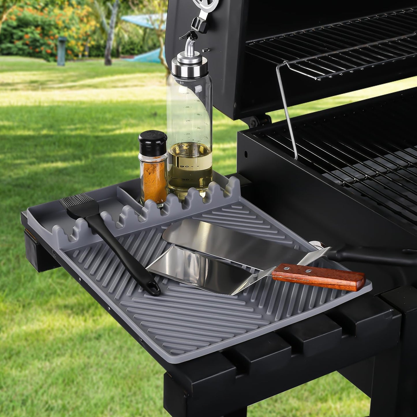 Griddle Mat Barbeque Grill Accessories Tools for Blackstone, Side Shelf Mat Grill Pad for Outdoor Grill Kitchen Counter Spatula Silicone Mat with Drip Pad for Kitchen, Cooking, Countertop (Orange)