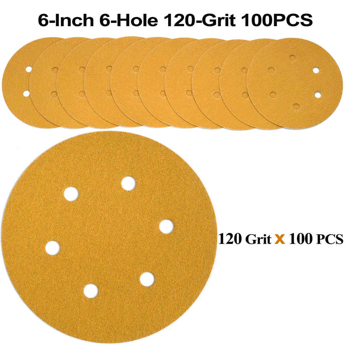 6-Inch 6-Hole Hook and Loop Sanding Discs 600-Grit, Random Orbital Sandpaper for Automotive and Woodworking, 100-Pack