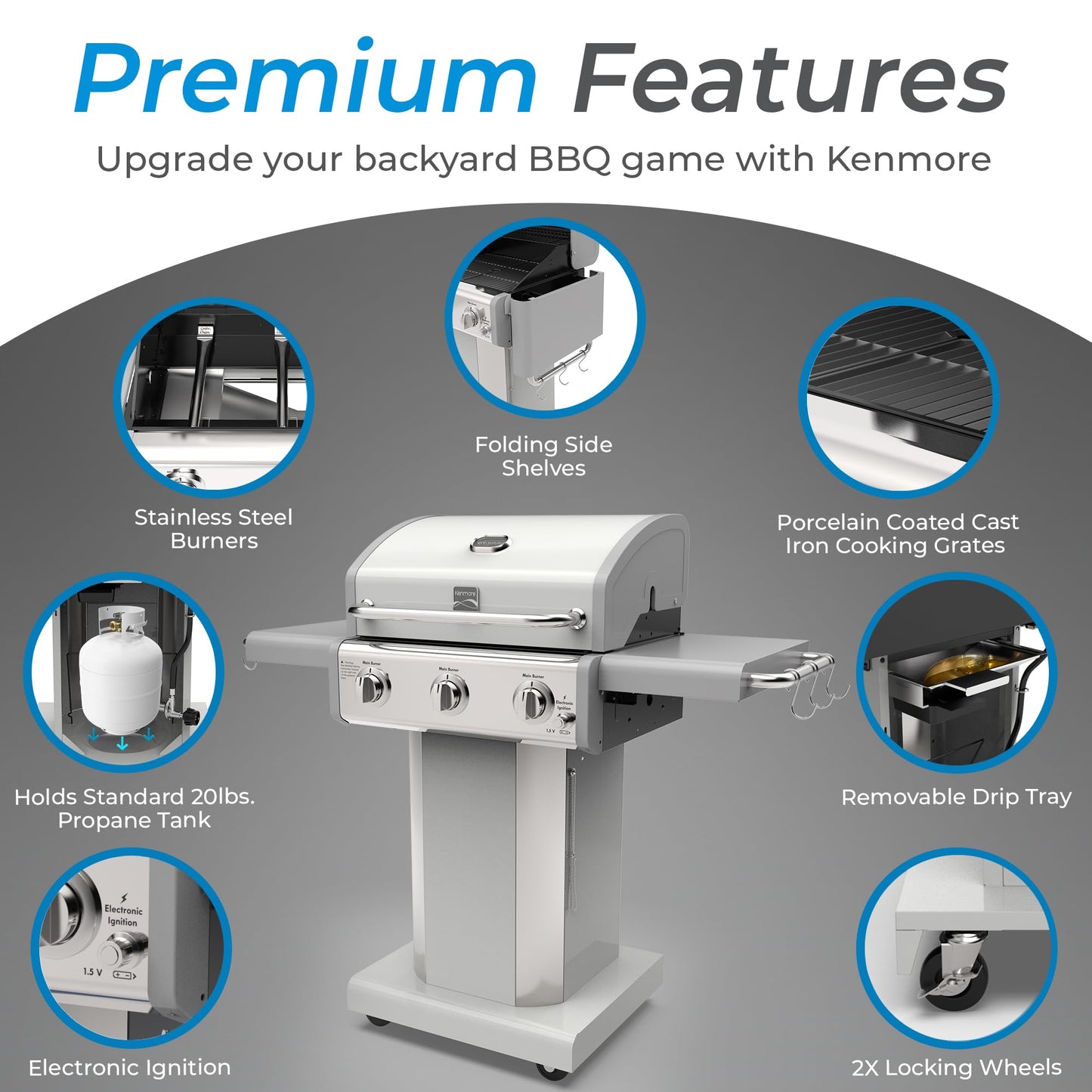 Kenmore 3-Burner Propane BBQ Grill, 30,000 BTUs Gas Grill with Cast Iron Cooking Grates, Folding Side Tables & Wheels, Outdoor Grill with Tool Hooks, Azure Blue