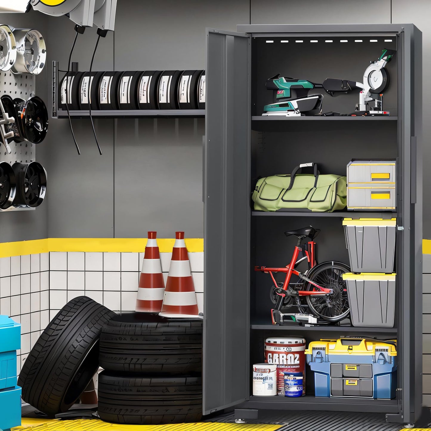 Torin Garage Cabinets Storage System, 9 Piece Included Steel Drawers Rolling Chest,Locked Storage Cabinet, Perfect for Organizing Garage and Tools, 129.92", Black/Grey
