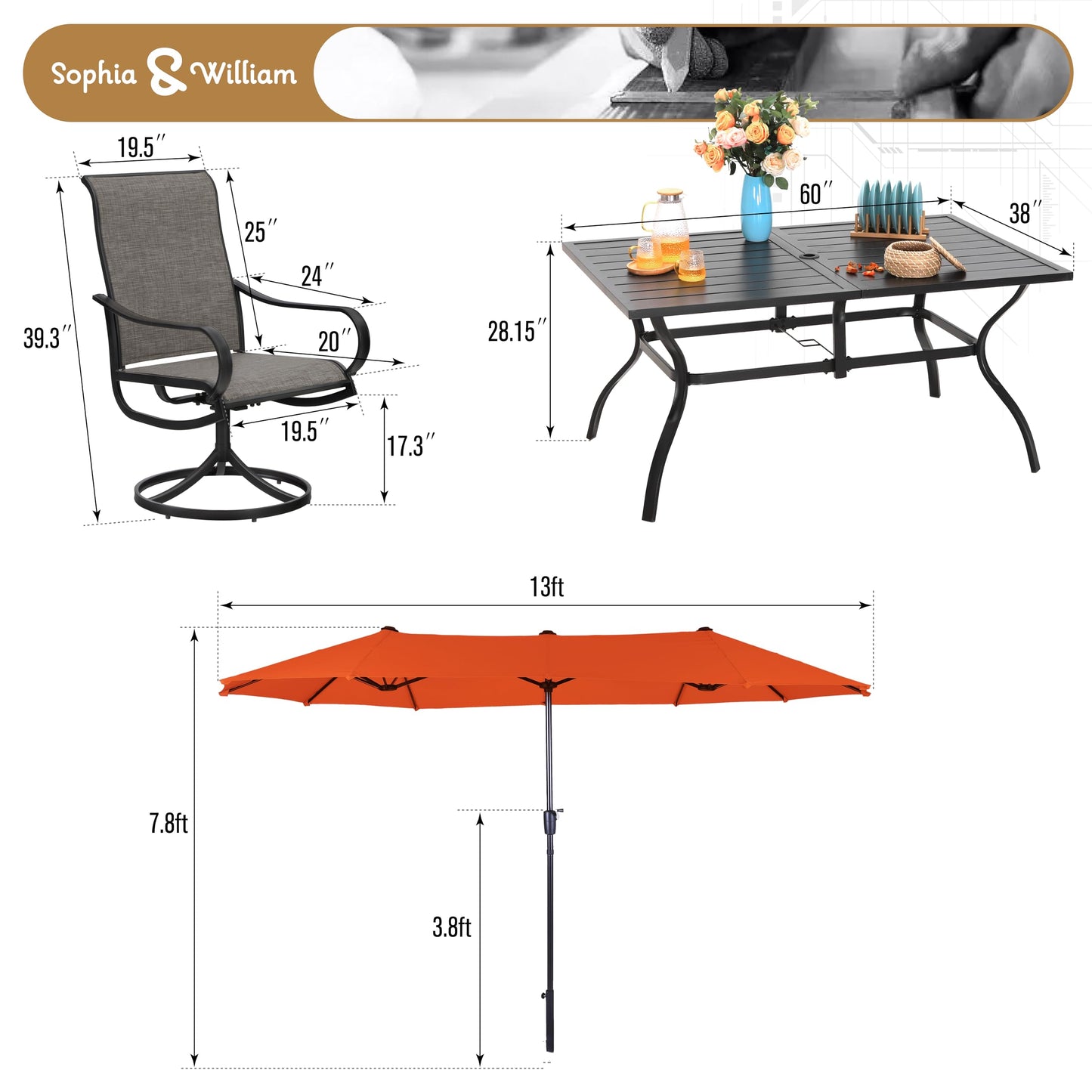 Sophia & William Patio Set with Umbrella 8 Pieces Outdoor Dining Set for 6 with 13ft Double-Sided Patio Umbrella Beige, 6 x Swivel Patio Chairs, 1 Metal Table for Lawn Garden