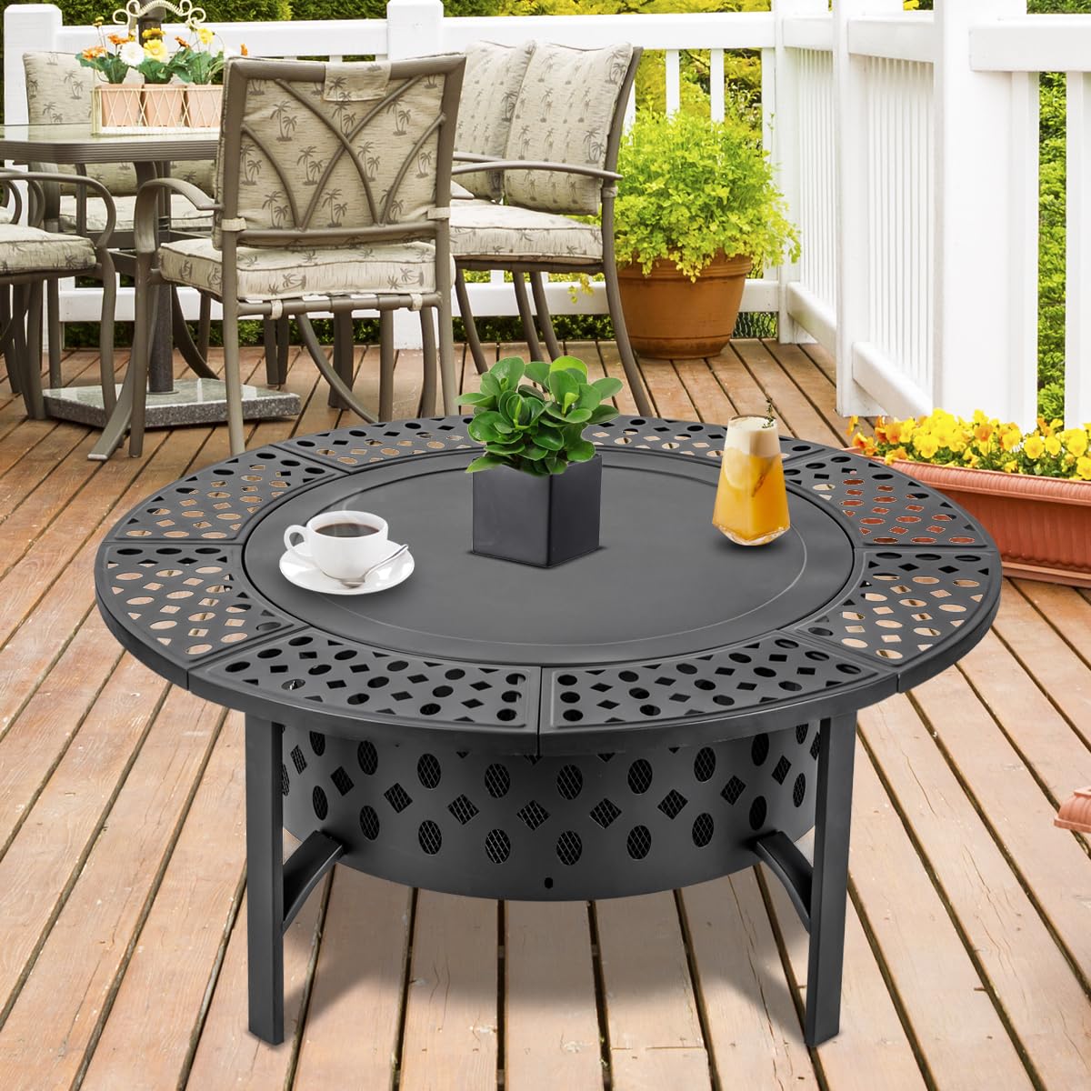36 Inch Fire Pit with 2 Grills, Wood Burning Fire Pits for Outside with Lid, Poker and Round Waterproof Cover, BBQ& Outdoor Firepit & Round Metal Table 3 in 1 for Patio, Picnic, Party