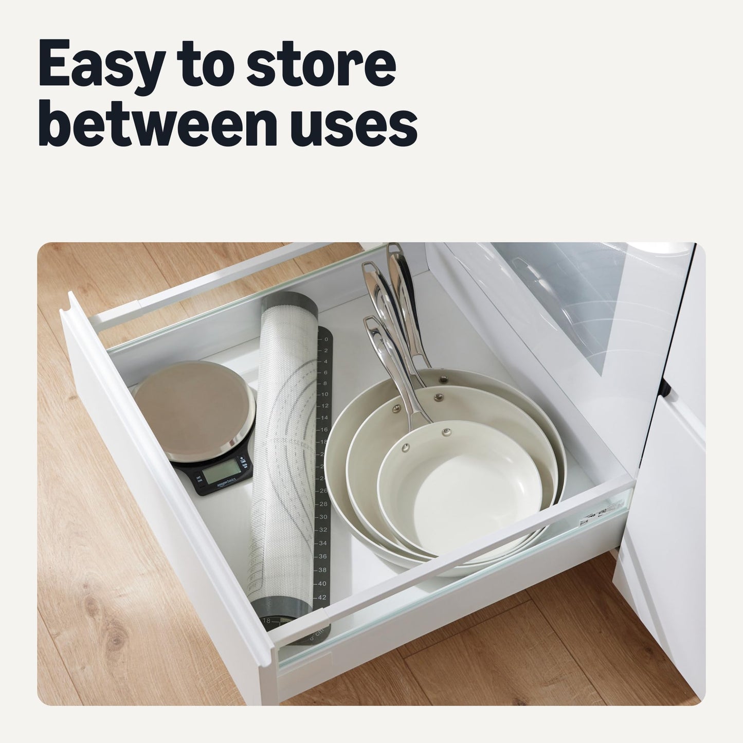 Amazon Basics Ceramic Nonstick Cookware, 3-Piece Set of Pans, All Cooktop Friendly, Dishwasher-Safe, Linen Gray