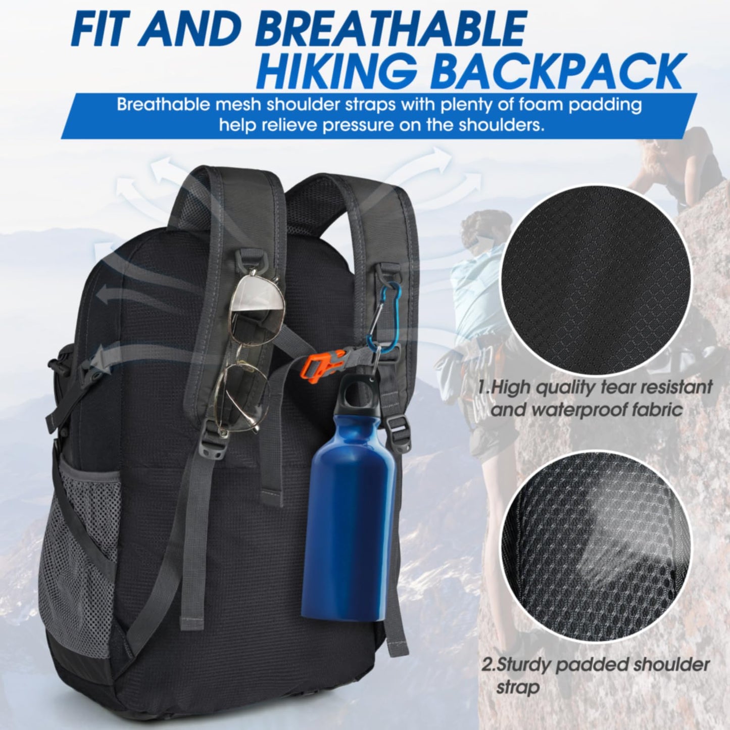IGOLUMON Hiking Backpack 40L Packable Lightweight Camping Backpack Men Women Waterproof Hiking Daypack Outdoor Travel Daypack,Black