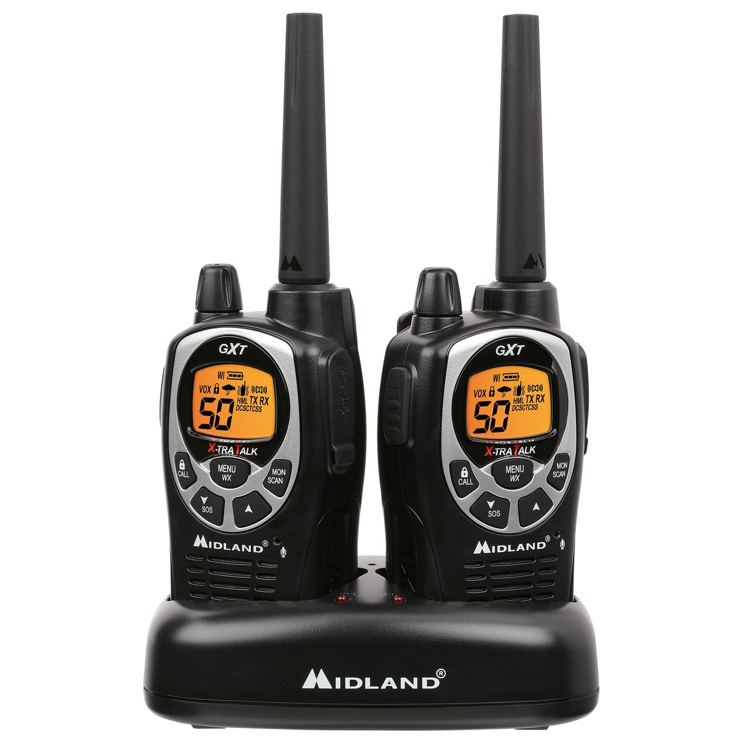 Midland GXT1000VP4 GMRS Two-Way Radio (50 Channel, Long Range, 142 Privacy Codes, SOS, NOAA, Rechargeable Nickel Battery, Black/Silver 2-Pack)