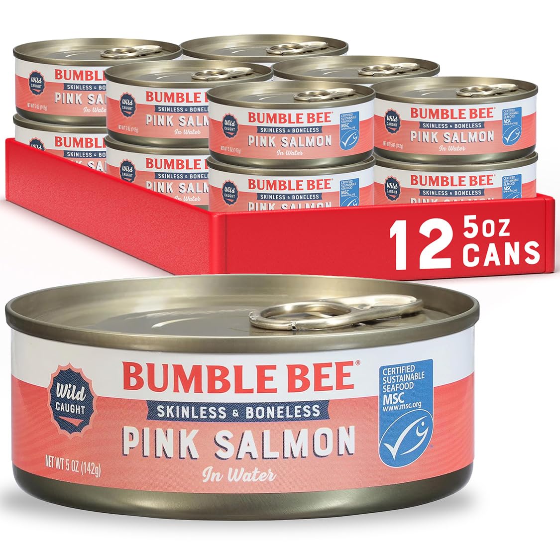 Bumble Bee Canned Pink Salmon, 14.75 oz Cans (Pack of 12) - Premium Wild Caught Salmon with Skin & Bones - 18g Protein per Serving - MSC Certified Sustainable Seafood, Non-GMO, Gluten Free, Kosher