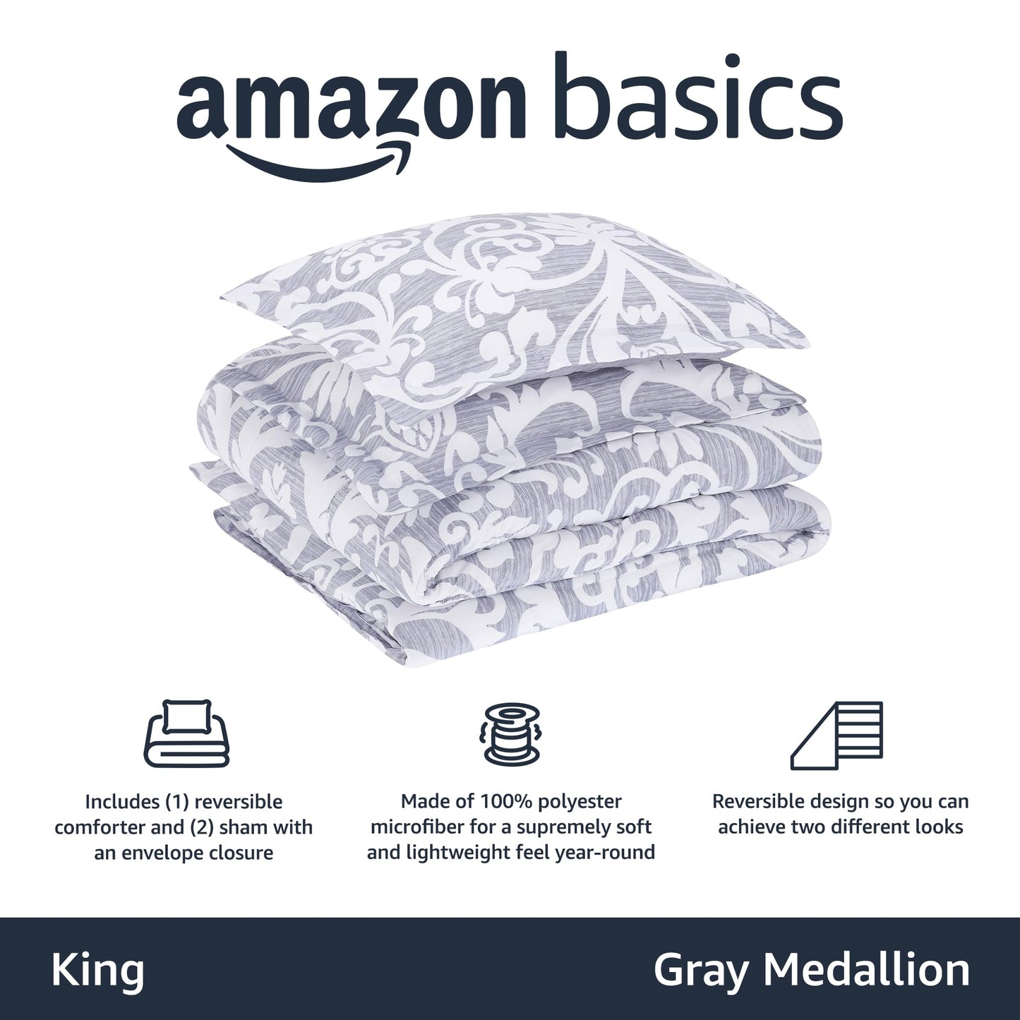 Amazon Basics King Size Ultra-Soft Lightweight Microfiber Reversible 3-Piece Bedding Comforter Set, Gray Medallion