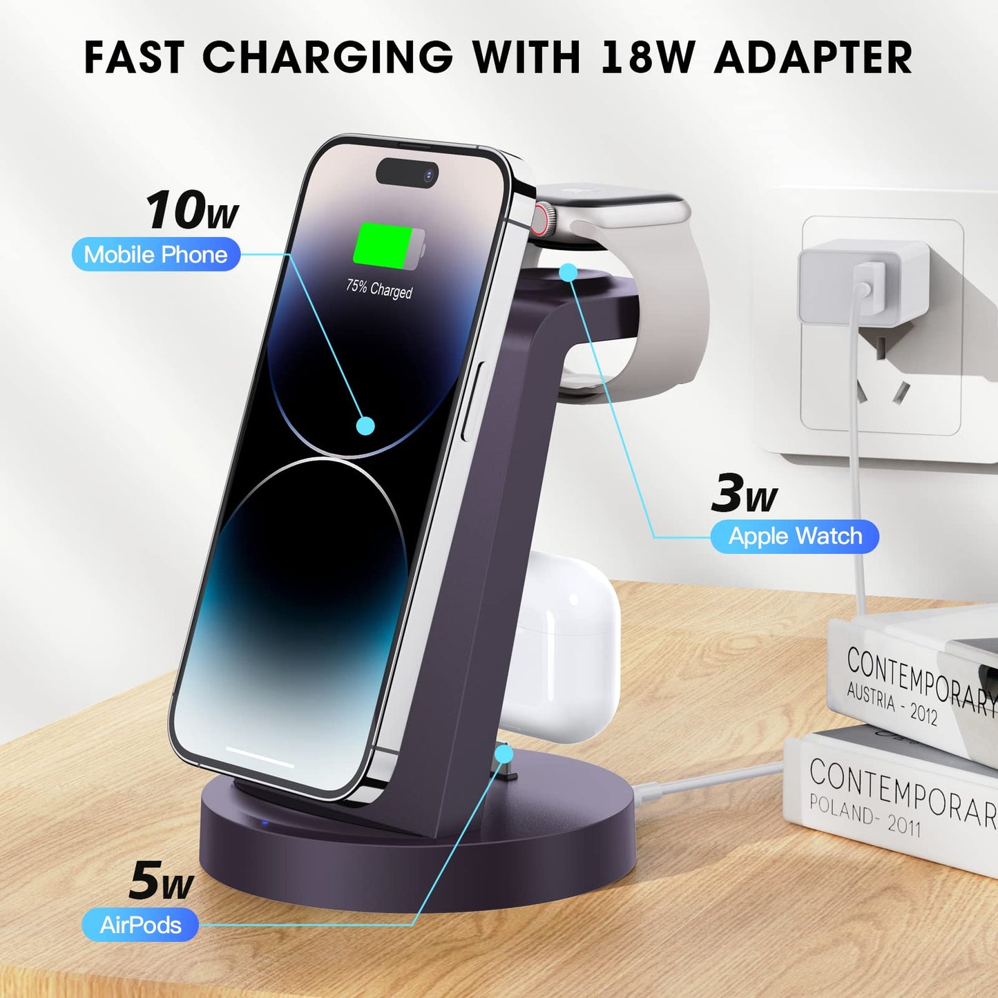 3 in 1 Charging Station for iPhone, Wireless Charger for iPhone 16e 16 15 14 13 12 11 X Pro Max & Apple Watch - Wireless Charging Station for AirPods 4 3 Pro
