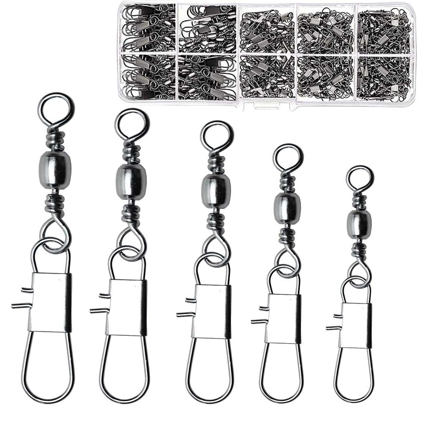 50/250pcs Fishing Barrel Swivels with Safety Snaps Swivel Stainless Steel High Strength Interlock Snap Swivels Rolling Connector Black Nickel Solid Ring Freshwater Fishing Tackles Accessories