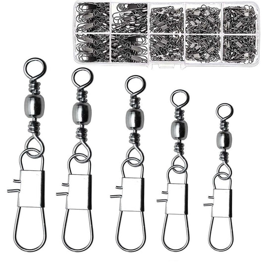 50/250pcs Fishing Barrel Swivels with Safety Snaps Swivel Stainless Steel High Strength Interlock Snap Swivels Rolling Connector Black Nickel Solid Ring Freshwater Fishing Tackles Accessories