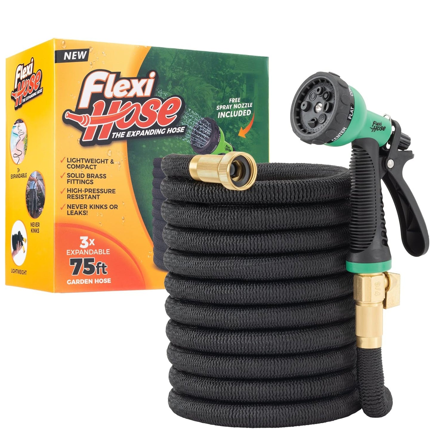 Flexi Hose with 8 Function Nozzle, 50FT - Lightweight Expandable Garden Hose, No-Kink Flexibility, 3/4 Inch Solid Brass Fittings and Double Latex Core