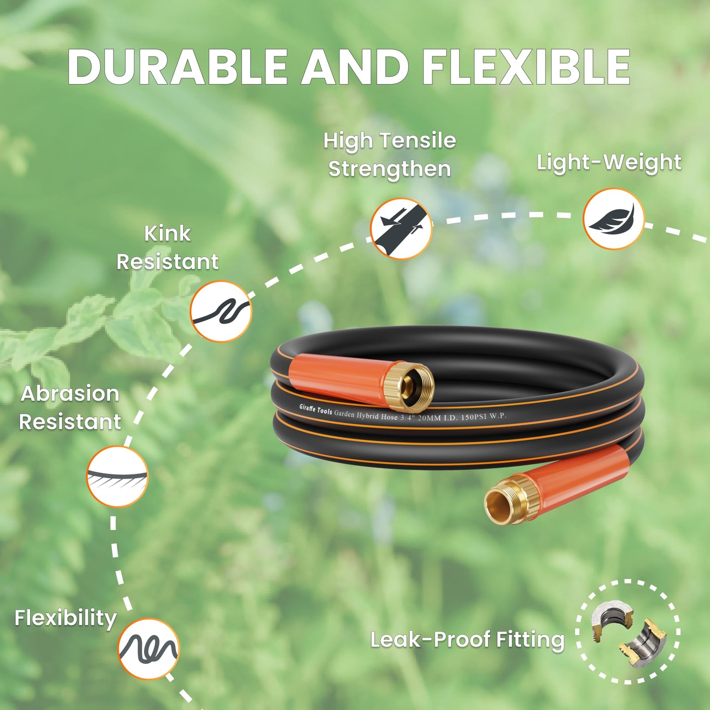 Giraffe Tools Garden Hose 50ft x 5/8", Water Hose Heavy Duty, Flexible, Lightweight Hybrid Hose with Swivel Handle, Male to Female Fittings, Burst 600 PSI