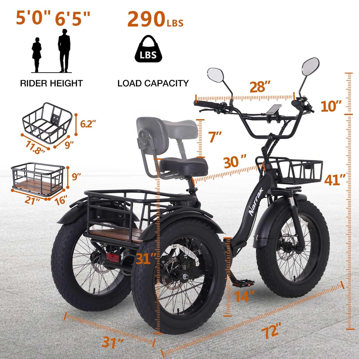 NARRAK Electric Tricycle for Adults,Fat Tire Folding Electric Trike,3 Wheels Electric Bicycle Bikes, Peak 1350W Step-Thru Etrike with Removable Battery and Large Basket for Women Men