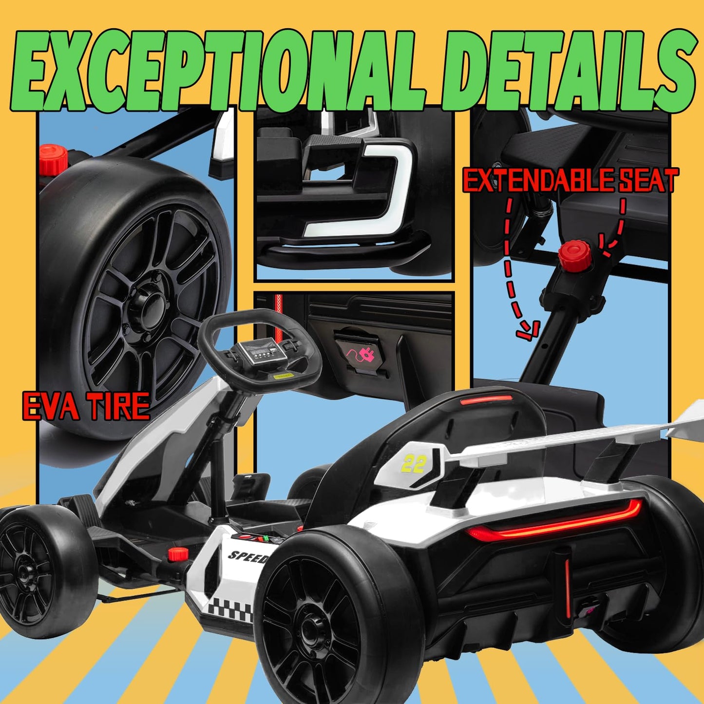 Kerry Yoo Go Kart Electric Drift Kart Car with Adjustable Seat, 24V Outdoor Ride on Toy with 4 Speed Mode, Crazy Cart for Kids 6-12 Years Old, Fast 300W Motor, 8.5 MPH, LED Lights, Bluetooth - Red