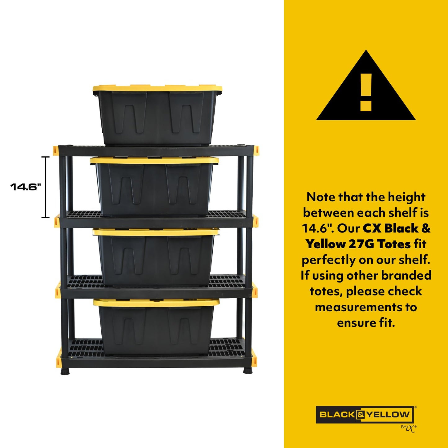 BLACK & YELLOW, 4-Tier Heavy Duty Plastic Storage Shelving Unit, 200lbs/shelf (55"H x 48"W x 20"D), for Indoor/Outdoor Organization, Modular Rack