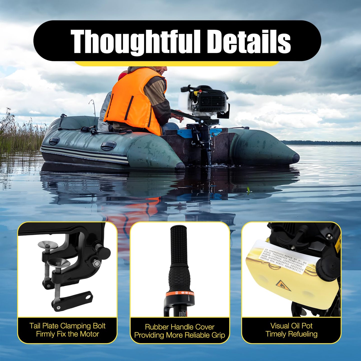 6HP Heavy Duty Outboard Motor, 170cc 4 Stroke Gas Outboard Boat Motor Engine with Air Cooling System, 3.2KW Single Cylinder Fishing Boat Engine for 3-7m Length