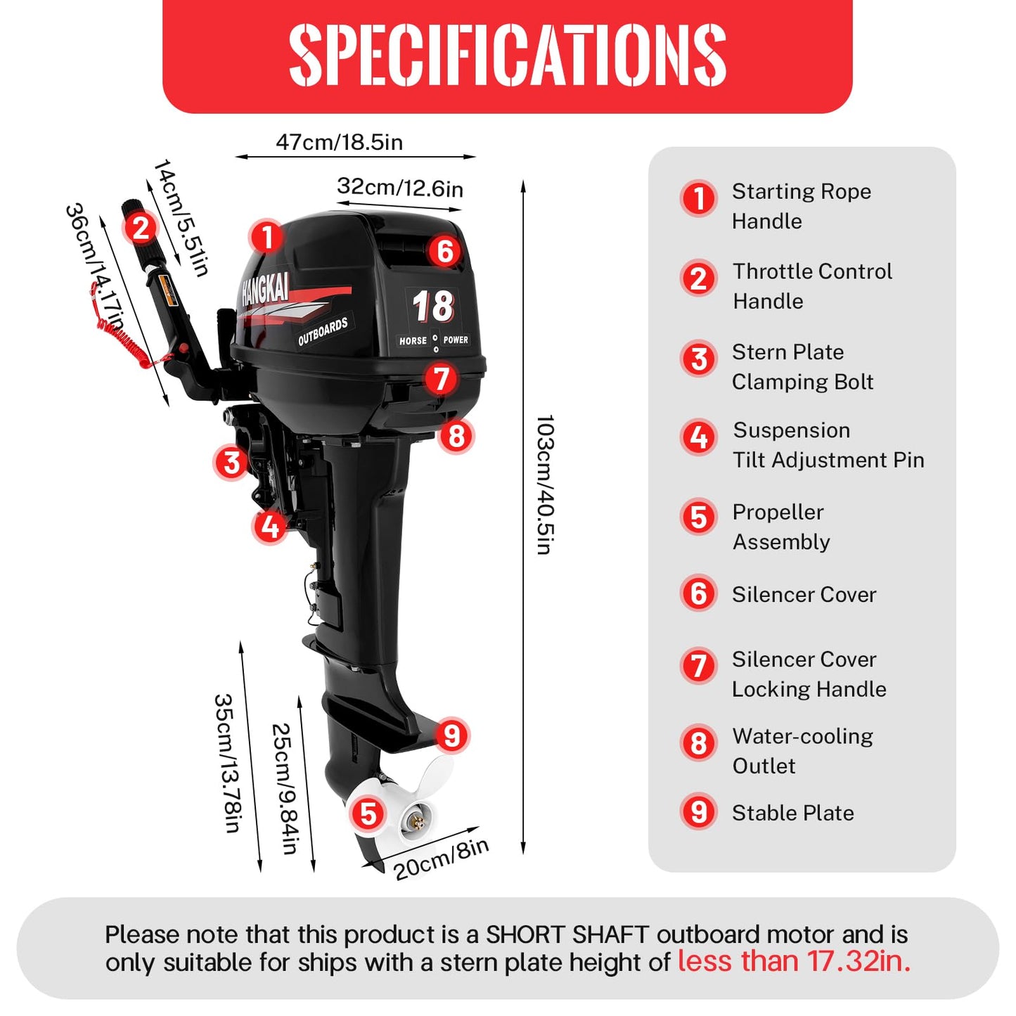 COFECO Hangkai 18HP Outboard Motor, 2 Stroke 246CC Heavy Duty Fishing Boat Engine Water Cooling with CDI Ignition System, 4500-5500RPM (Short Shaft)