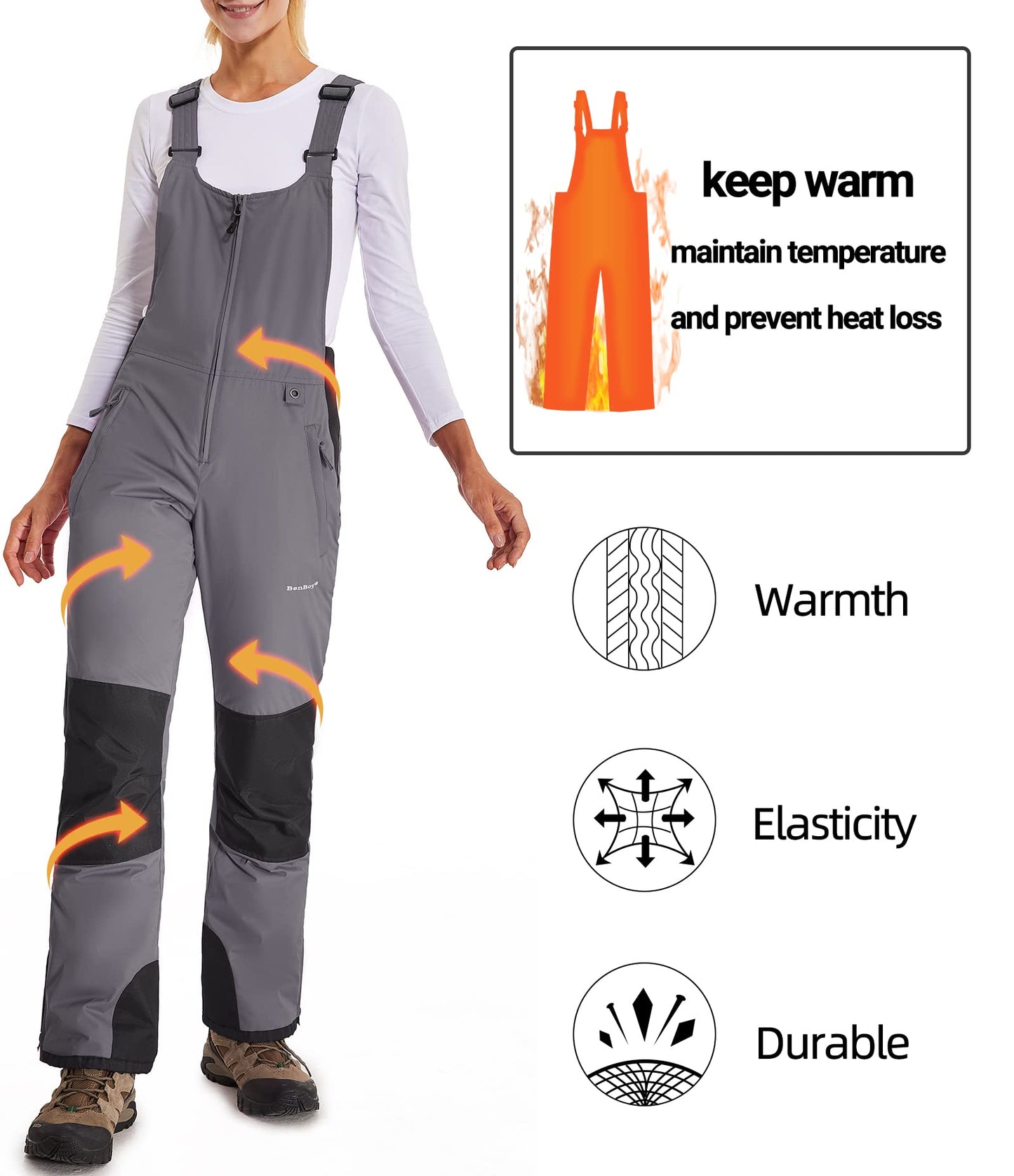BenBoy Women's Snow Bibs Ski Waterproof Windproof Insulated Overalls Ripstop Snowboard Pants Winter