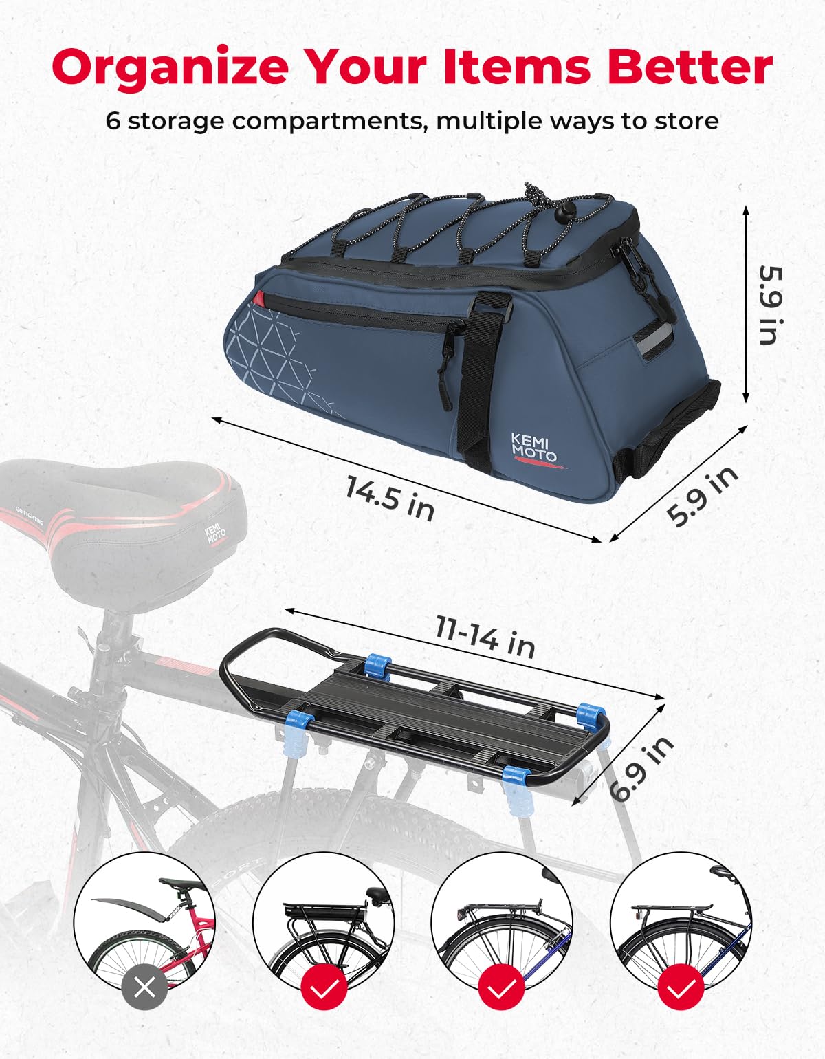 KEMIMOTO Rear Bike Rack Bag - 8L PVC Water Resistant Ebike Bags for Bicycle Rear Rack, Bicycle Trunk Pannier for Commuter Travel Shopping and Cycling (Black)