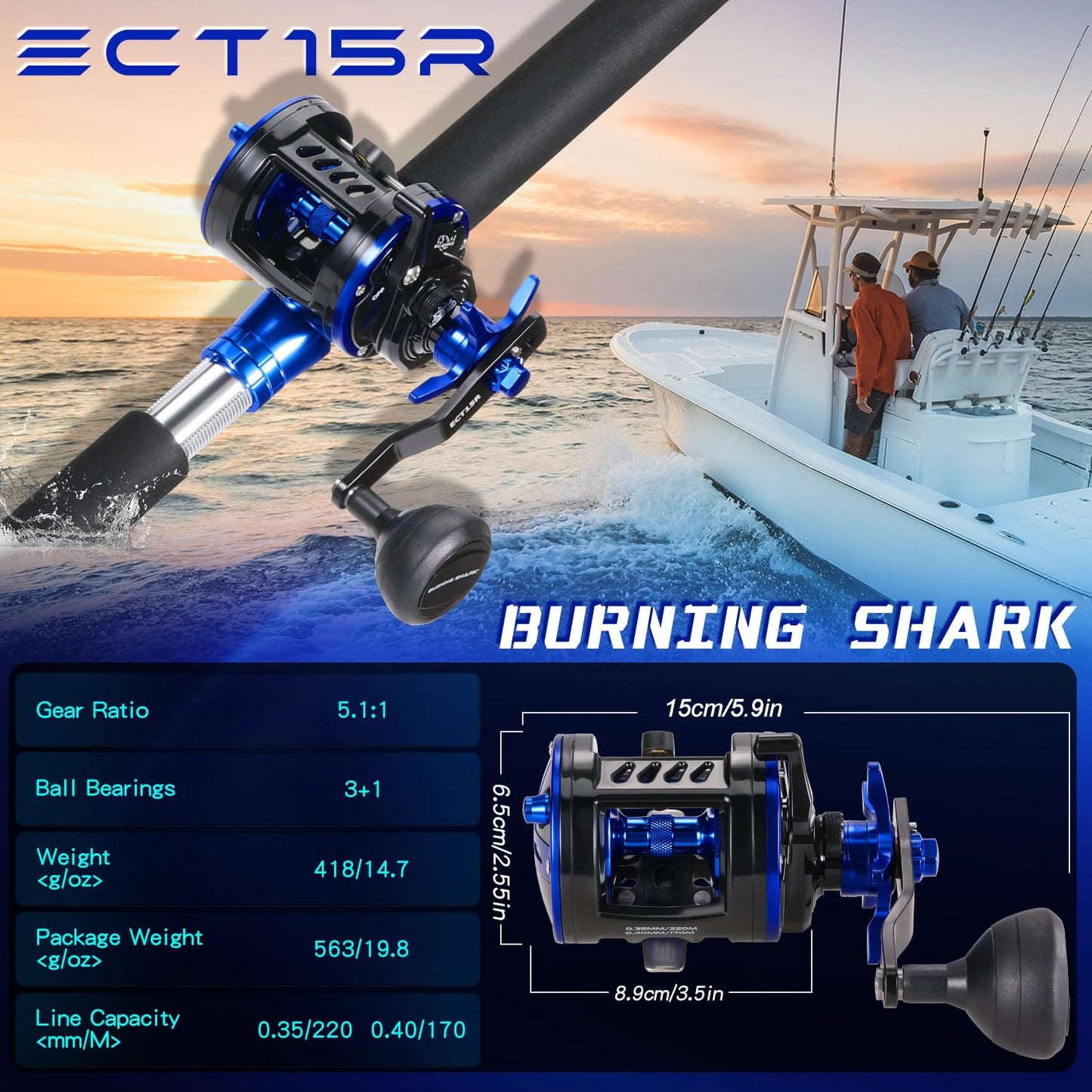 Baitcasting Fishing Reel, Smooth Powerful Round Baitcaster Reel, Saltwater Inshore Surf Trolling Reel, Conventional Reel for Catfish, Musky, Bass, Pike