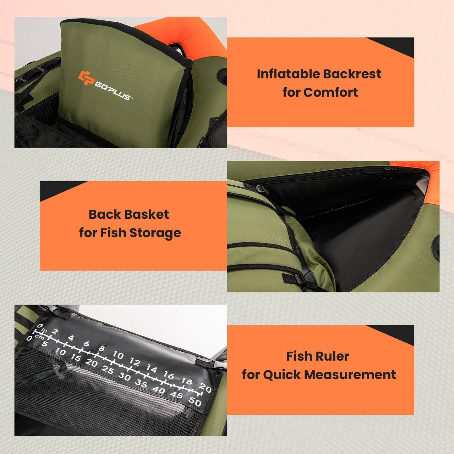 Goplus Inflatable Float Tube, Fishing Belly Boat w/Paddle, Flippers, Fish Ruler, Pump, Storage Bag, Adjustable Straps, 350LBS Load Capacity (Upgrade Green, W/Fish Finder Holder, Rod Rack Basket)
