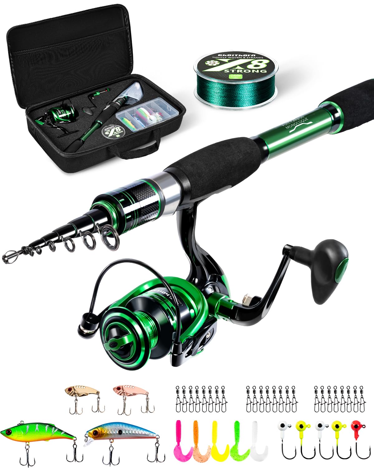 Ghosthorn Fishing Rod and Reel Combo Graphite Telescoping Fishing Pole Collapsible Portable Travel Kit with Carrier Bag for Freshwater Fishing Gift for Men Women