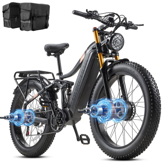 Dual Motor 2000W/1000W Electric Bike for Adults 48V 30AH/20Ah Long Range ebike Removable Battery 26" Fat Tire Off Road Mountain Full Suspension Electric Bicycle,Dual Hydraulich Brakes,32mph/30mph