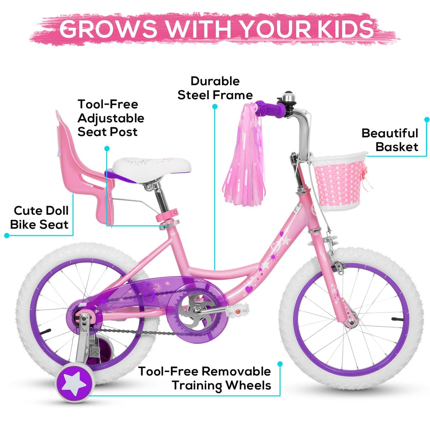 WEIZE Girls Bike for 3-12 Years Old Kids, 14 16 20 Inch Kids Bike with Training Wheels, Streamers, Basket and Doll Seat, Children Bicycles with Coaster Brake, Pink