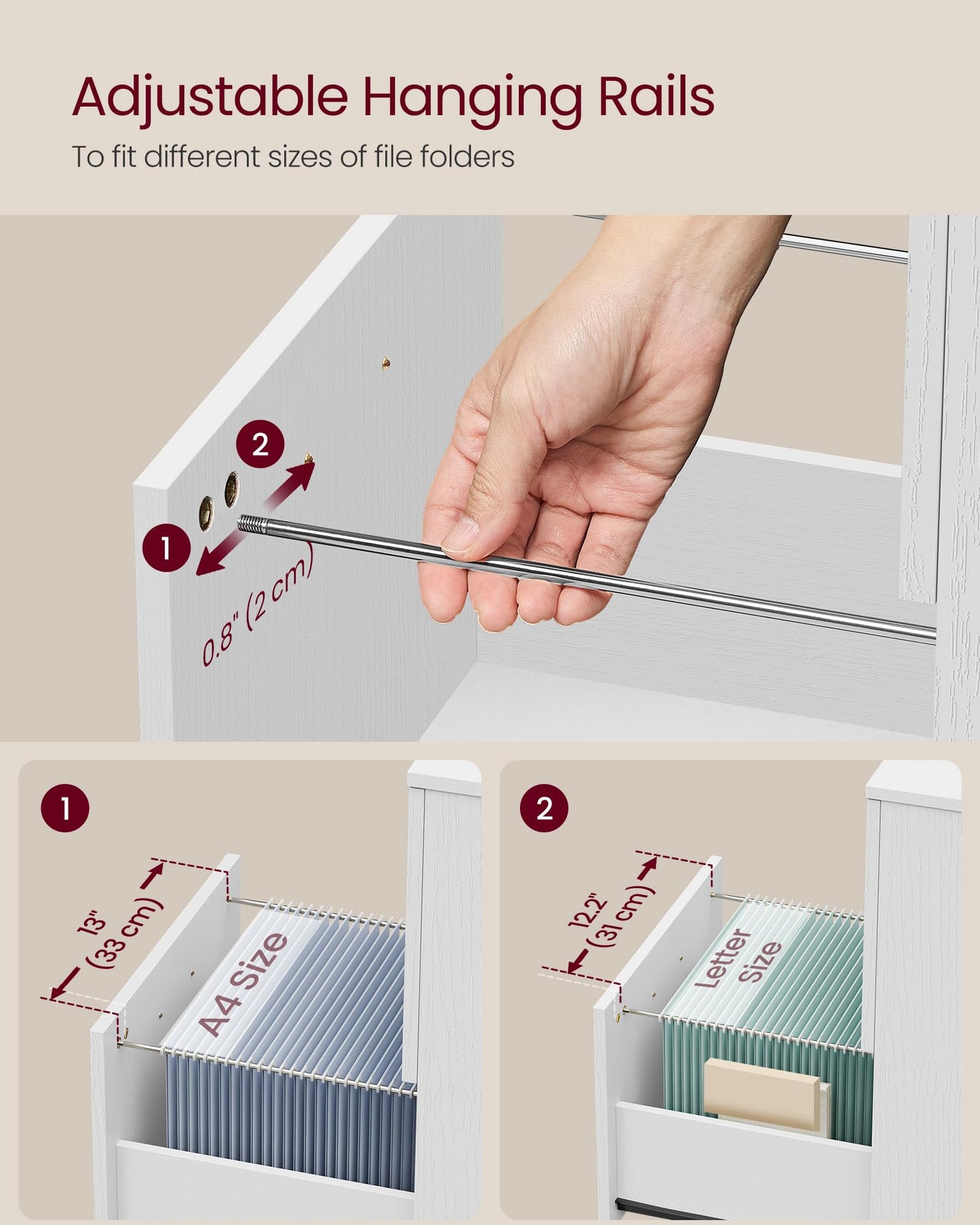 VASAGLE 2-Drawer File Cabinet, Small Rolling Filing Cabinet for Home Office, Printer Stand, for A4, Letter-Size Documents, 15.7 x 16.5 x 27.6 Inches, Snow White UOFC040W46