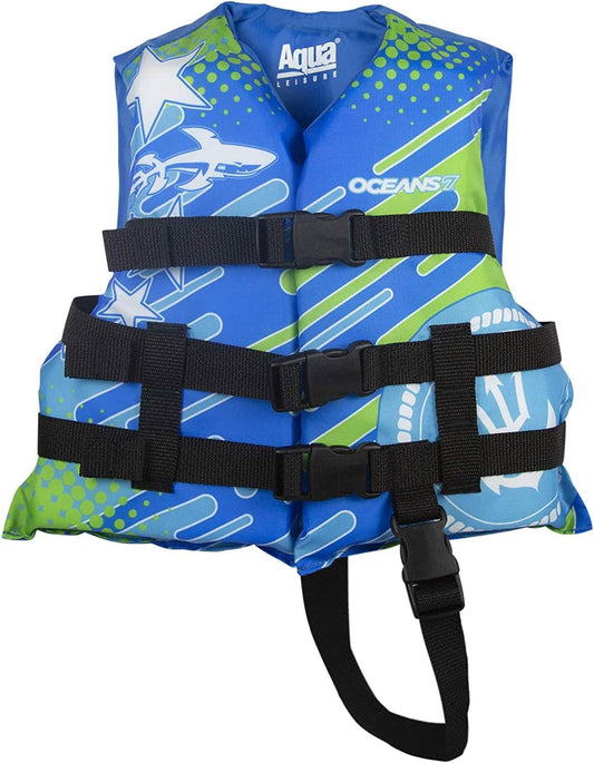 Oceans7 US Coast Guard-Approved, Type III – Kids Life Jacket – Personal Flotation Device with Comfortable Flex-Form-Fit Open-Sided Design – Blue/White
