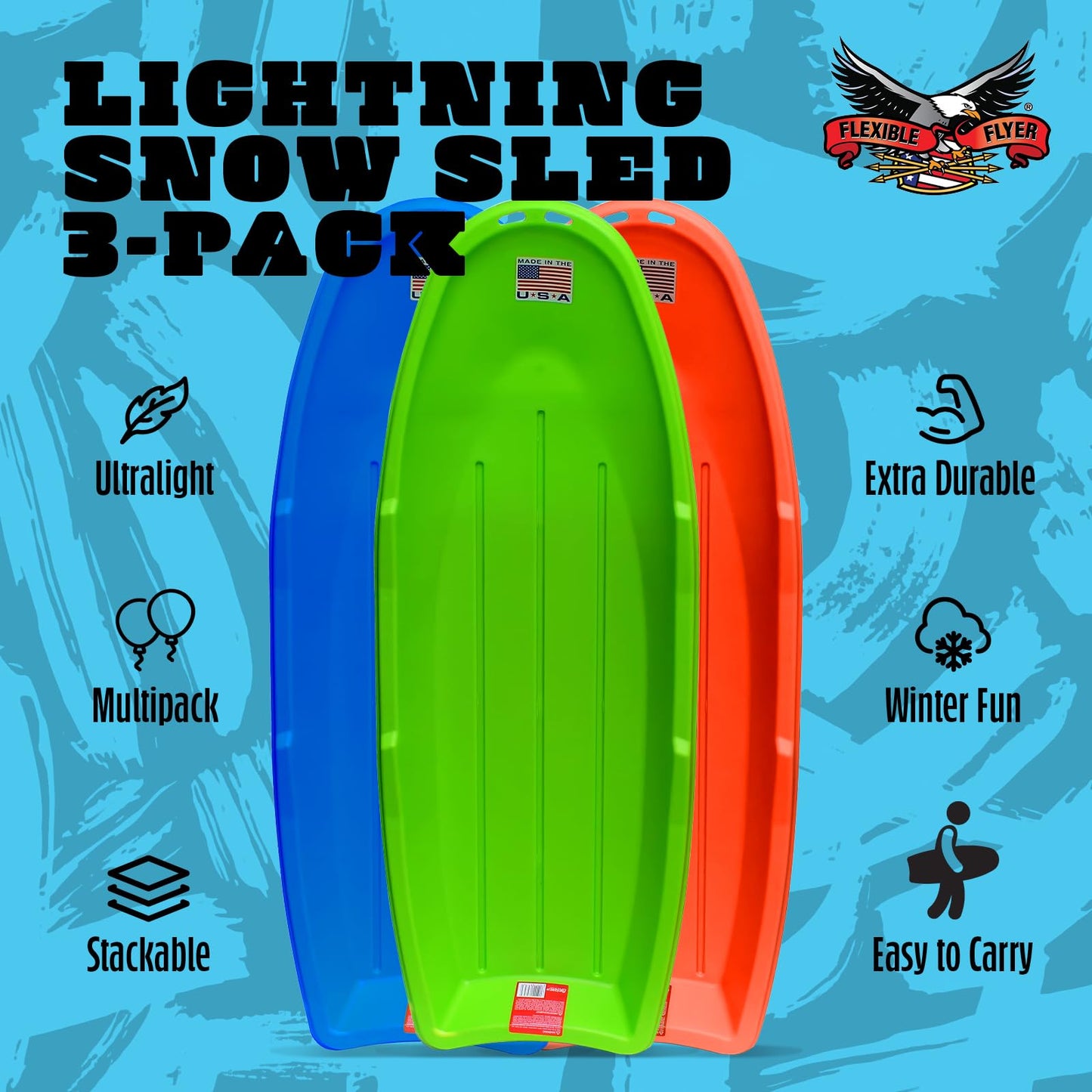 Flexible Flyer Winter Lightning Snow Sleds for Kids and Adults (3-Pack) - 48 Inch Toboggan Style Plastic Sled with Hard Bottom for Fast, Smooth Rides - 1 or 2 Riders (Blue, Green, Orange)