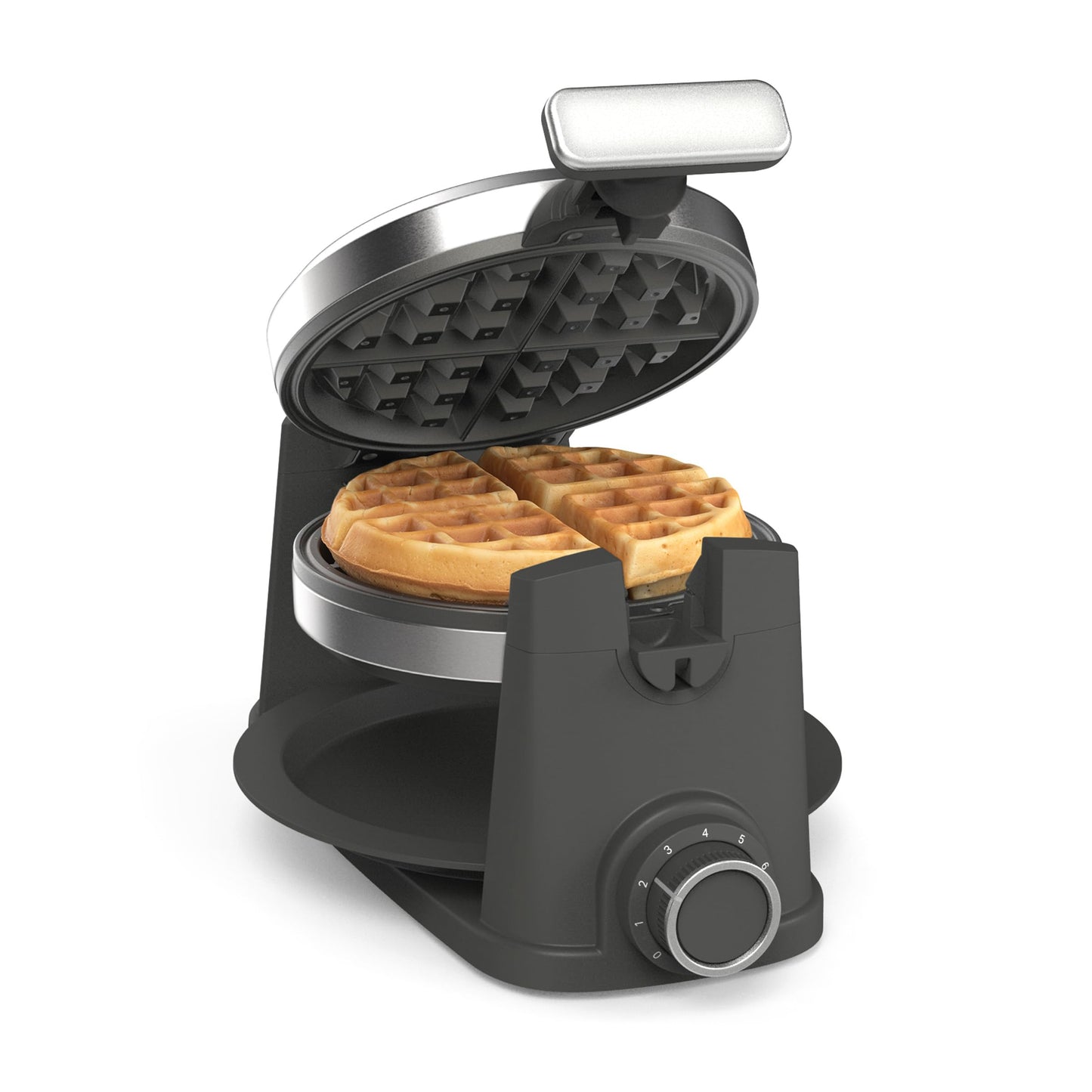 Martha Stewart Rotating Waffle Maker, 180° Flip Iron with PFAS-Free Nonstick Plates, Adjustable Timer, Ready Light, Drip Tray, Space Saving, Classic Round 7”, Easy to Clean, Stainless Steel, Sky Blue