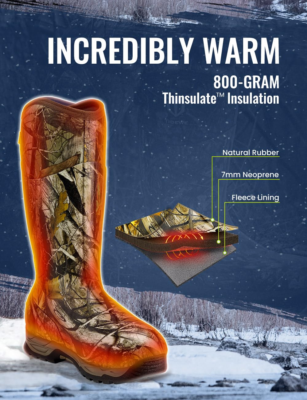 TIDEWE Rubber Hunting Boots with 800g Insulation, Waterproof Insulated Next Camo G2 Warm Rubber Boots with 7mm Neoprene, Sturdy Outdoor Hunting Boots for Men (Size 5-14)