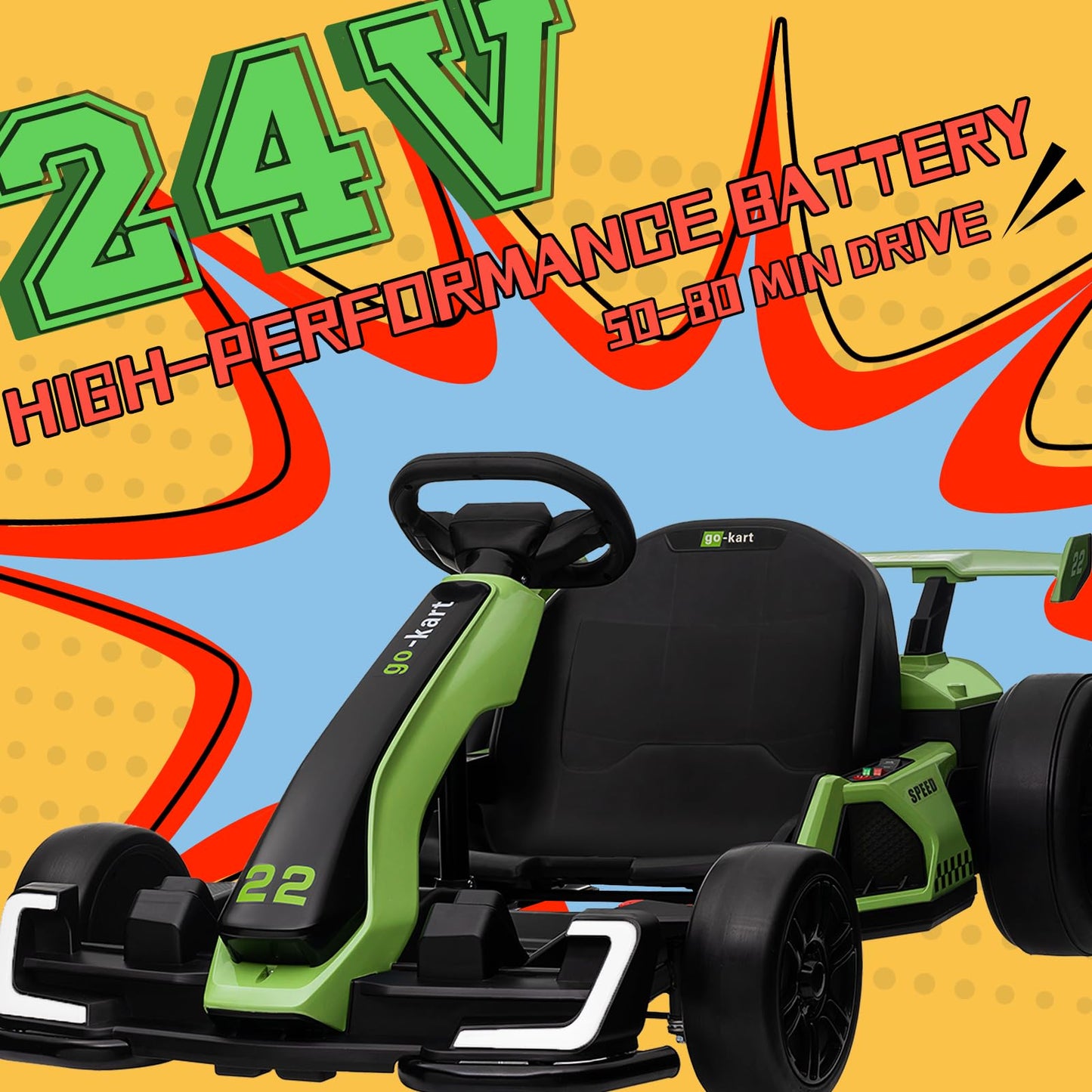 Kerry Yoo Go Kart Electric Drift Kart Car with Adjustable Seat, 24V Outdoor Ride on Toy with 4 Speed Mode, Crazy Cart for Kids 6-12 Years Old, Fast 300W Motor, 8.5 MPH, LED Lights, Bluetooth - Red
