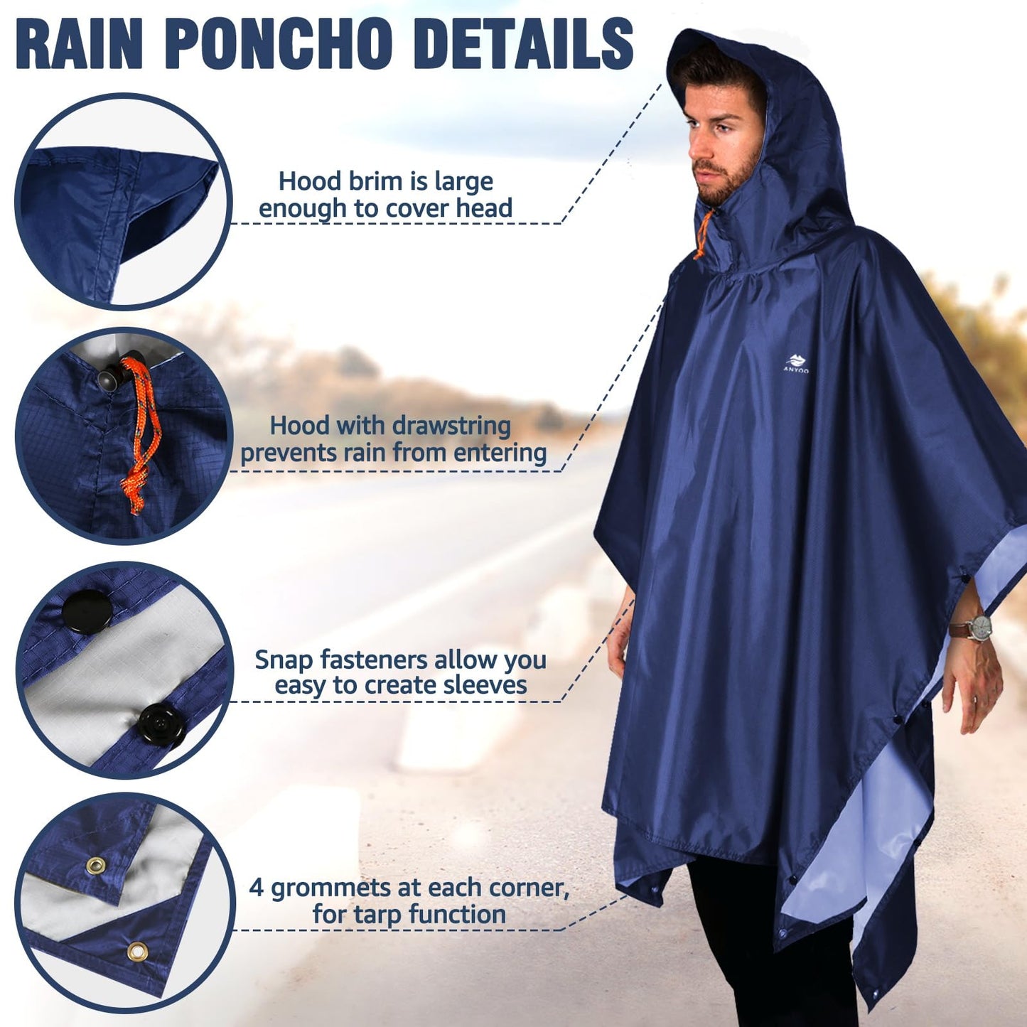 ANYOO Hooded Rain Poncho for Adults Waterproof Lightweight Rain Coat for Men Women Reusable Rain Jacket for Emergency Outdoor