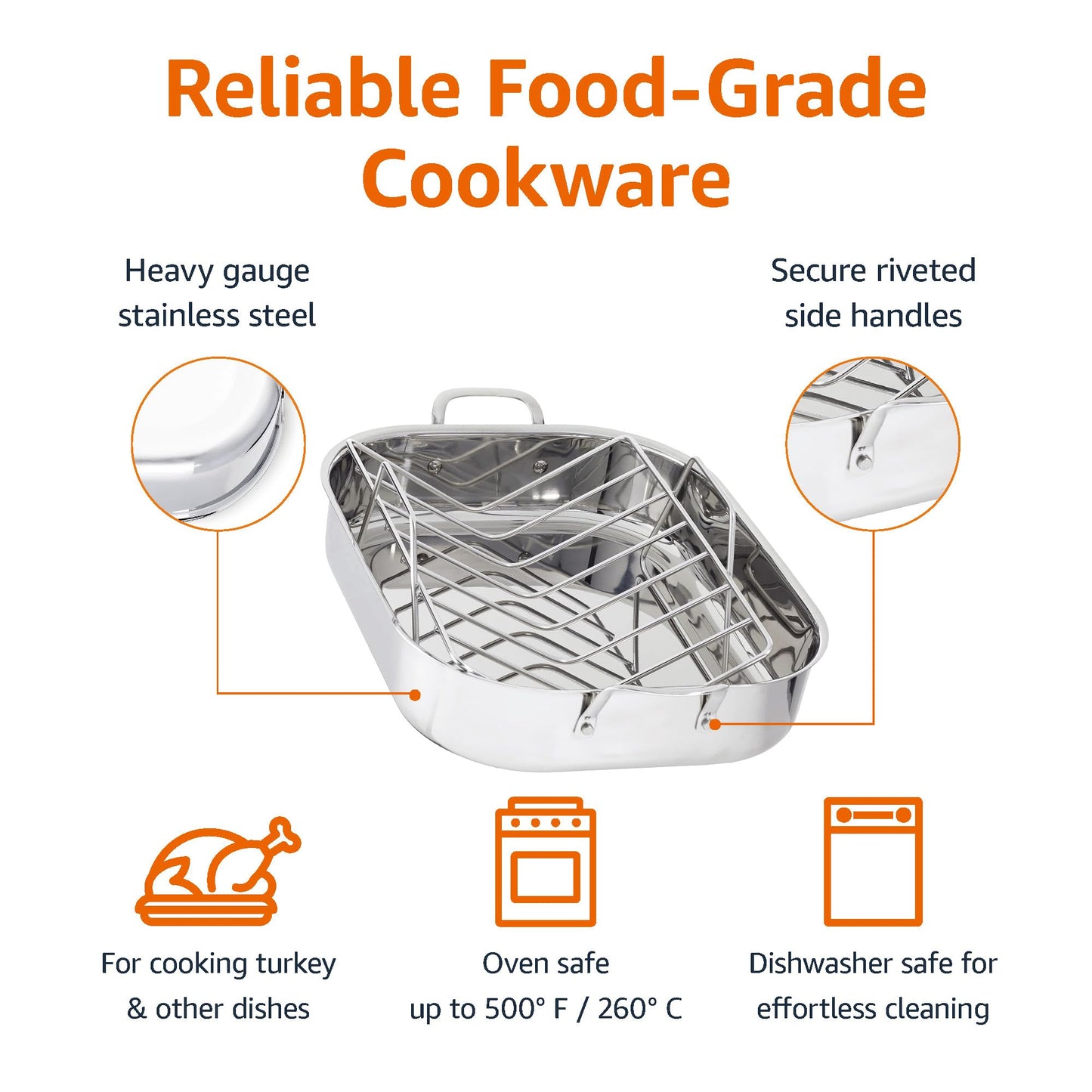 Amazon Basics Stainless Steel Rectangular Roasting Pan with Rack, 16 in