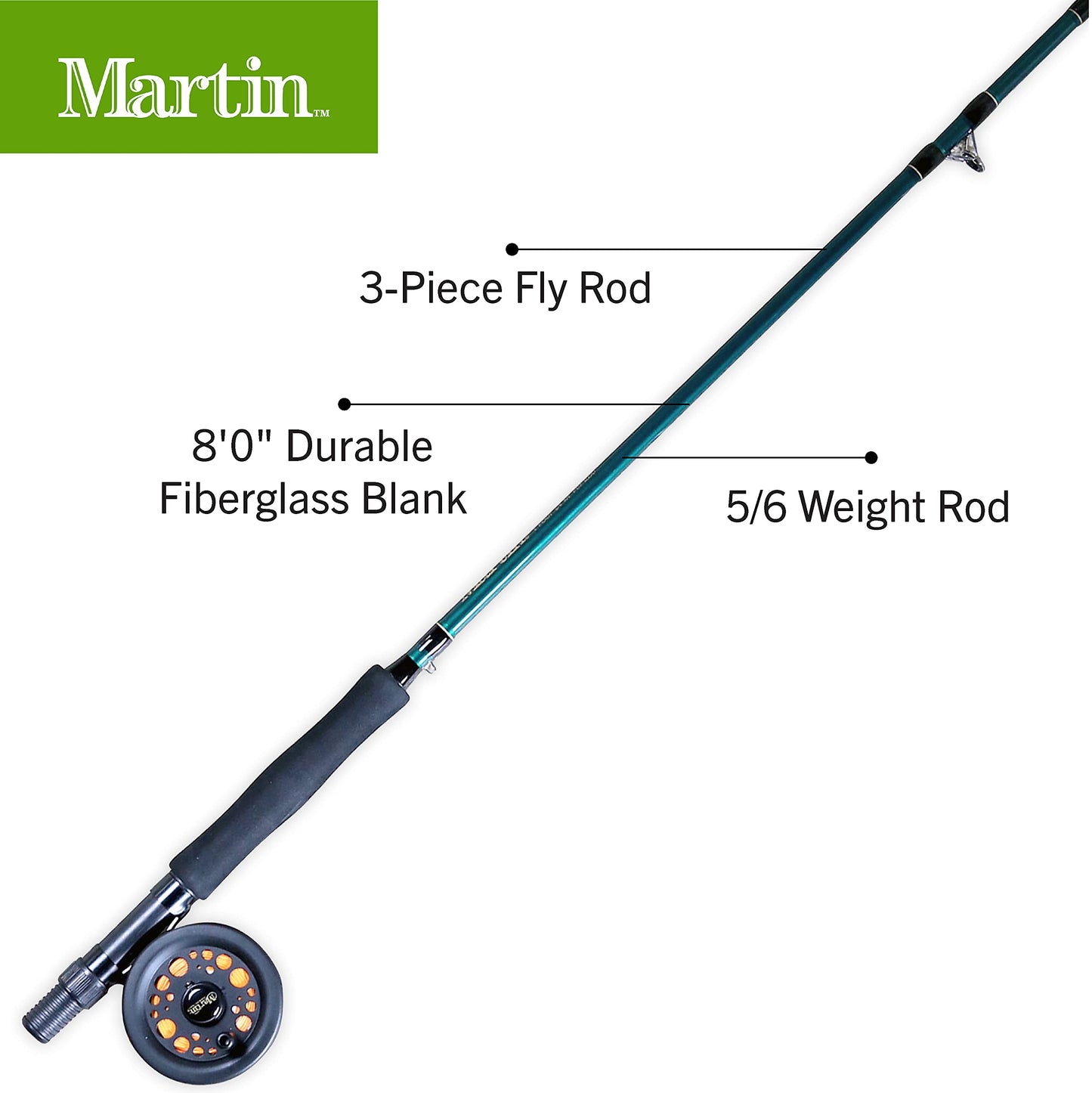 Martin Complete Fly Fishing Kit, 5/6 Rim-Control Fly Reel, Pre-spooled with Backing, Line and Leader, 3-Piece 8-Foot 5/6-Weight Rod, Includes Custom Fly Assortment