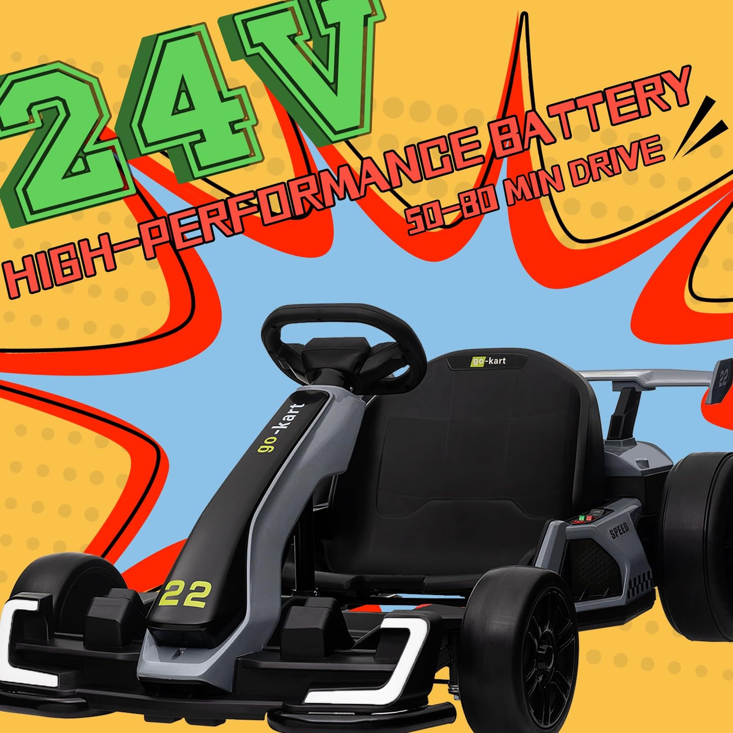 Kerry Yoo Go Kart Electric Drift Kart Car with Adjustable Seat, 24V Outdoor Ride on Toy with 4 Speed Mode, Crazy Cart for Kids 6-12 Years Old, Fast 300W Motor, 8.5 MPH, LED Lights, Bluetooth - Red