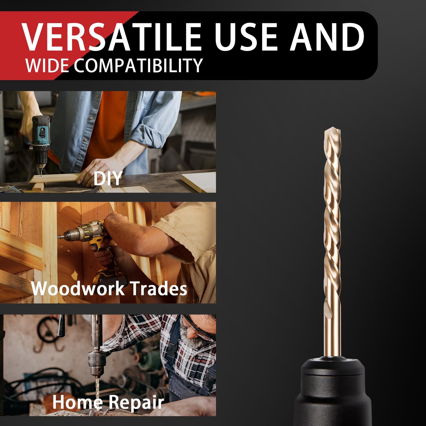 99PC Drill Bit Set, 135° Tip Titanium Coated High Speed Steel, Twist Drill Bit Kit for Iron, Aluminum Alloy, Copper, Wood, Plastic, with Storage Case 1/16"-3/8"