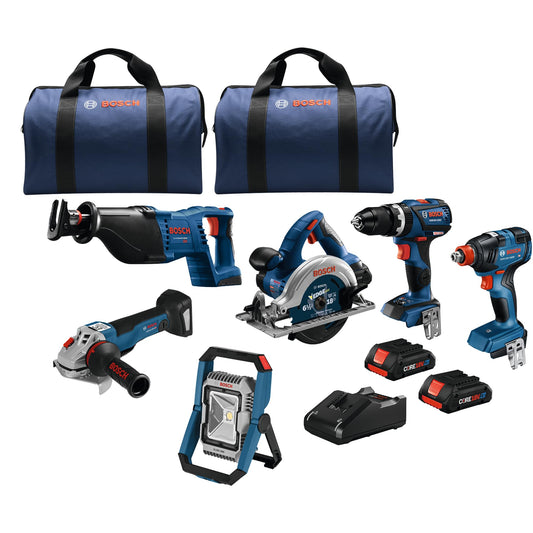 BOSCH GXL18V-501B25 18V 5-Tool Combo Kit with 2-In-1 Bit/Socket Impact Driver/Wrench, 1/2 In. Hammer Drill/Driver, Reciprocating Saw, Circular Saw, LED Worklight and (2) CORE18V 4 Ah Compact Batteries